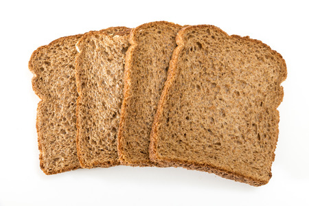 Whole grain sandwich bread slices, on white background.