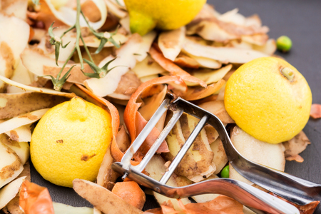 Fresh vegetable scraps and peeler.の写真素材