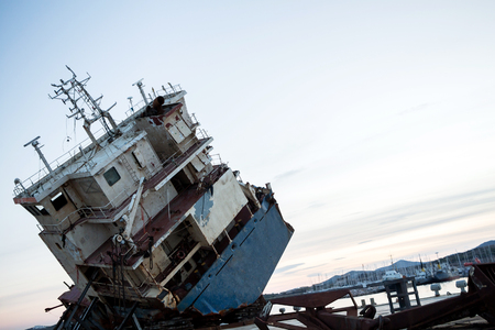 Part of a cargo shipwreck exterior, closeup background.の写真素材