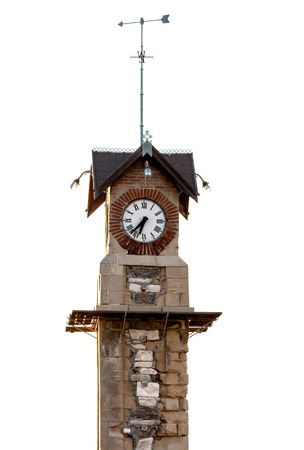 Small old stone clock tower, on white background.の写真素材