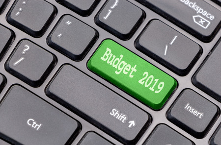Budget 2019 on green enter key, of a black keyboard.の写真素材
