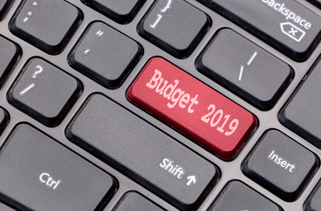 Budget 2019 on red enter key, of a black keyboard.の写真素材