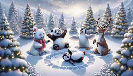 A group of cute friends gathered around their funny friend penguin making circles in the snow, in forest with beautifully lit snowed trees. Illustration created using Ai generative tools.の素材