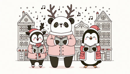 Cute animal characters singing carols in snow.の素材