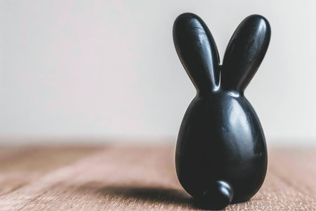 A back of a cute black bunny figurine, minimal background with copy-space. Created with AI.の素材