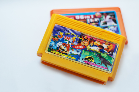 Russia, Moscow - 14 July 2017: The original 1996 TV Game cartridge with the Super Mario , Jurassic...