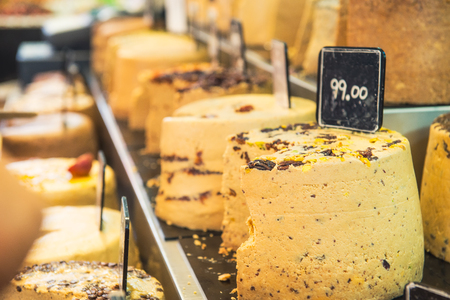 Close up of big pieces of eastern sweet halva on market place of Tel Aviv, Israel . Selective focusの写真素材