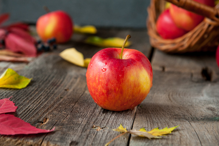 Close up fresh Ripe organic one red apple with water drops on the rustic wooden table. Space for text. Selective focus. Autumn harvest concept. Vegetarian, vegan, healthy diet foodの写真素材