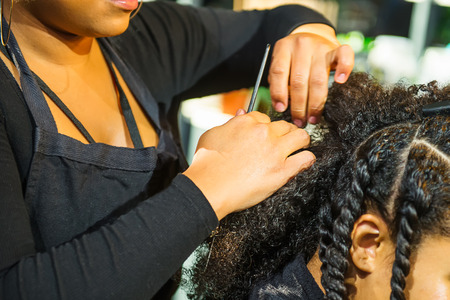 Close up african hairstylist braided hair of afro american female client in the barber salon. Black...