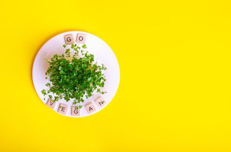 Top view white plate with microgreen sprouts and Go vegan message on wooden blocks on the yellow background. Vegetarian and vegan diet. Veganism. Sustainable lifestyle, plant-based foods. Copy spaceの写真素材