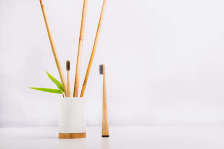 Wooden toothbrushes, one standing with fresh bamboo canes and leaves in white holder with bamboo basis and another on white background. Eco-friendly, zero waste. Conscious use of natural resourcesの写真素材