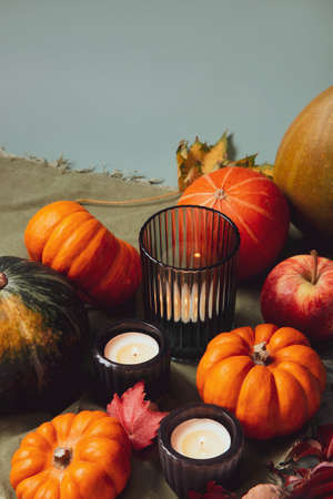 Orange, green decorative pumpkins, apples, nuts, fallen leaves and candles in autumn harvest...