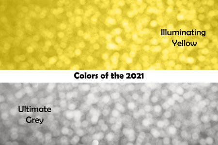 Trendy Yellow and grey bokeh texture. 2021 color abstract background.の写真素材