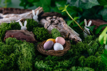 Creative Easter composition of candy chocolate eggs in a nest and bunny rabbits in the mossy forest woods background. Fairy tale Easter. Selective focus. Copy spaceの写真素材