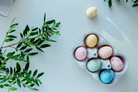 Top view Easter holiday concept. Pastel colors painted eggs in a cardboard box and a fresh green...
