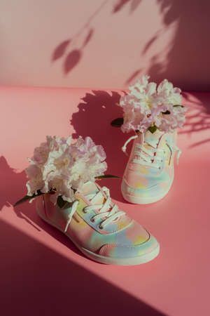 Multicolor sneakers shoes with exotic flowers inside on the pink background with direct sunlight and shadows. Spring summer fashion concept. Trendy vertical card with copy space.の写真素材