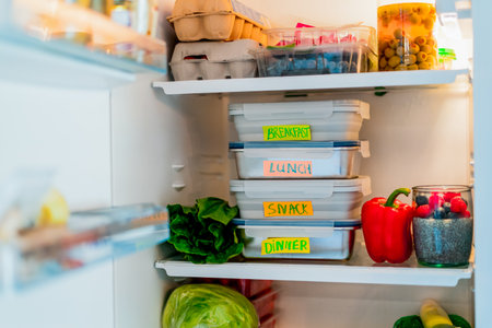 Healthy diet plan for weight loss, daily ready menu, lunch boxes cooked in advance and ready to be served for lunch, stand in fridge. Containers with eco friendly healthy food. Pre-cooking conceptの写真素材