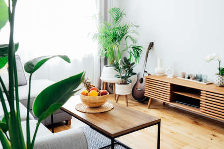 Stylish and modern scandinavian interior of open space living room with bamboo bowl with fruits on...