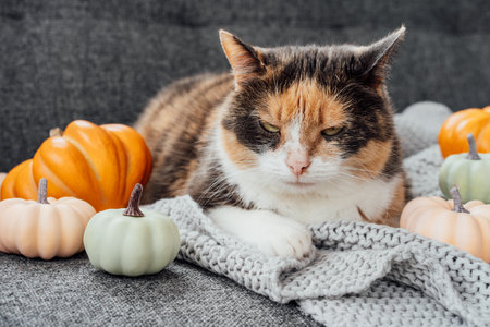 Multicolored cat and decorative pumpkins. Relaxed cat lying on the gray plaid with thanksgiving or halloween pumpkins decor on the sofa. Autumn, fall cozy and comfort home concept.の写真素材