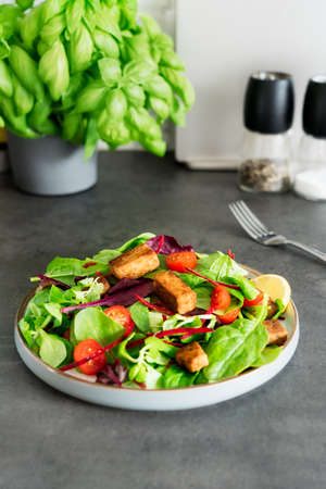 Healthy salad with roasted tempeh, cherry tomatos, beetroot straws, spinash and lettuce leaves on...