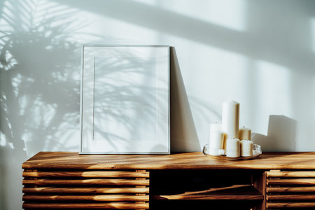 Modern minimalist Scandinavian style interior with white poster mockup and candles on a wooden console under sunlight and home plants shadows on a white gray wall. Living room design. Selective focus.の写真素材