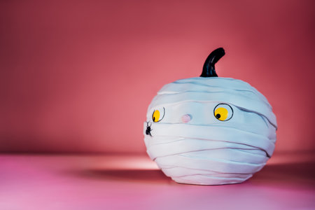 Funny and cute pumpkin mummy with spider on the pink background. White Pumpkin with Confused and worried look. Halloween decor and background with copy space. Selective focus.の写真素材