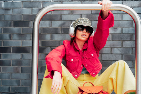 Hipster fashion young woman in magenta jacket, sunglasses, bucket hat and earphones sitting near...