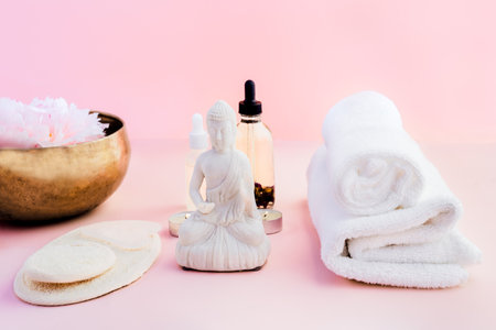 White Buddha and spa wellness massage set for relaxing with essential oils. Alternative medicine and...
