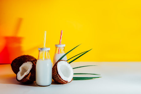 Bottles with coconut non-dairy milk drink and fresh coconuts on bright yellow background with color light. Trendy coctails. Healthy vegan plant base coconut milk. Selective focus. Copy spaceの写真素材