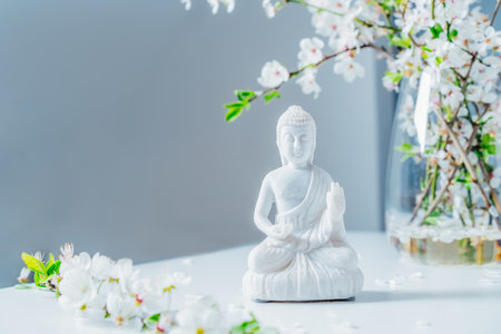 Decorative white Buddha statuette with blooming tree branches in the vase on the light background. Meditation and relaxation ritual. Buddha birthday. Selective focusの写真素材