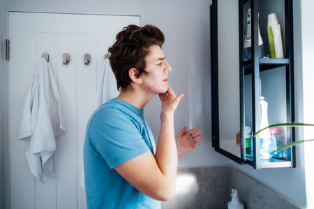 Concentrated caucasian teenage boy with acne problem take care his face skin at home. He looking in the mirror and cleaning face with washing lotion in bathroom. Teenager skin care processの写真素材