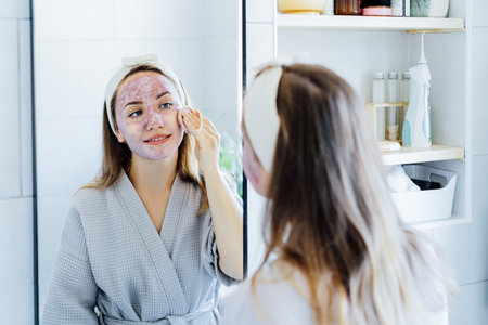 Young woman in bathrobe looking in the mirror and removing natural clay mask with loofah pad from face in bathroom. Cosmetic procedures for teens skin care at home. Beauty self-care. Selective focusの写真素材