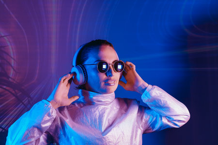 Portrait of smiling woman in sunglasses and headphones in neon light. Music lover. Silent disco. Dj in holographic clothes on the background of music vibes background. Futuristic Party.の写真素材