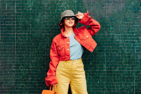 Hipster young woman in bright clothes, sun glasses, backpack bag and bucket hat posing on the green tile wall background. Urban city street fashion. Fashion blogger. Selective focus. Copy spaceの写真素材