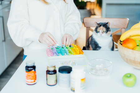 Womans hands sorting pills into pills organizer. Weekly medical pill box with daily doses of medicines. Antioxidant diet vitamin supplements for health and beauty care, biohacking conceptの写真素材