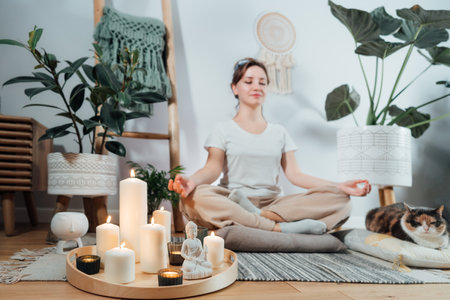 Focus on burning candles and white Buddha statuette on tray with background of woman practicing meditation at home with cat in modern Scandi interior. Zen Composition for yoga practice, relaxation.の写真素材