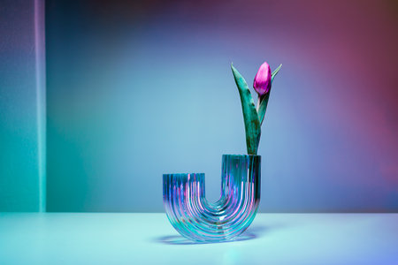 Purple tulip in a rainbow holographic glass vase on gradient background. Floral bouquet of fresh flower on turquoise, pink background with colorful neon light and color shadows. Selective focus.の写真素材