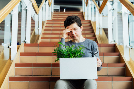 Stressed worried middle aged gender neutral woman with box of personal items sitting alone on the...