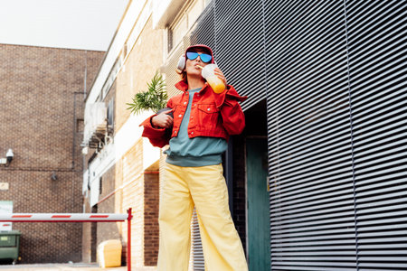 Hipster fashion woman in bright clothes, heart shaped glasses, headphones, bucket hat drinking...
