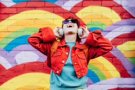 Emotional stylish woman in bright clothes wearing wireless headphones, listening to music and singing on rainbow graffity on the brick wall background. Fashionable hipster lifestyle.の写真素材