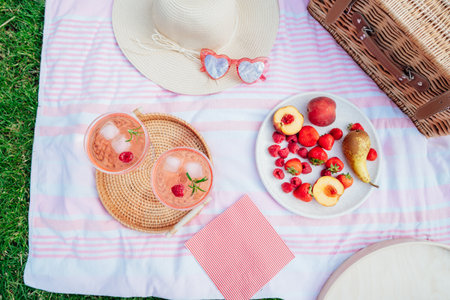 Top view pink drinks, cocktail with ice, raspberry, rosemary. Two glasses with martini, champagne, cider, lemonade on the tray on blanket with fruit plate, picnic basket. Cozy summer picnic on natureの写真素材