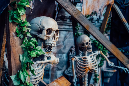 Outdoor Decor for Halloween. skeletons climbing out of the different wooden rubble. Halloween scenery. Terrible holiday photo zone on location for event. Traditions and decorations. Selective focusの写真素材