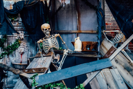 Outdoor Decor for Halloween. skeletons climbing out of the different wooden rubble. Halloween...