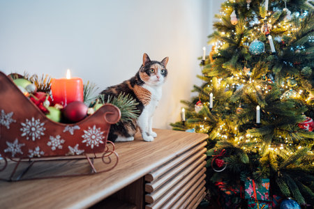 Multicolored cat with big guiltless eyes sits on the cabinet near a Christmas tree and poses for the photographer. Winter holidays with domestic pet at home. Selective focusの写真素材