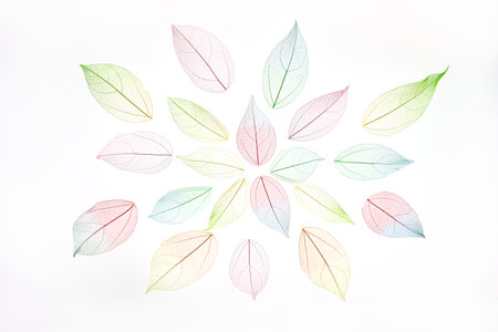 Mandala pattern made of multicolor, transparent leaves skeleton with a beautiful texture. Pastel...