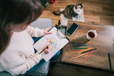 Woman drawing work-life balance wheel sitting on the sofa at home. Self-reflection and life planning for next new year. Personal Year review. Coaching tools. Finding Balance in Life. Selective focus.の写真素材