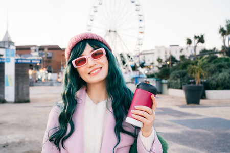 Portrait of Stylish young smiling hipster woman with color hair holding reusable coffee cup wearing pink coat, knitted hat and sunglasses on the street walk, happy mood, seasonal fashion style trendの写真素材