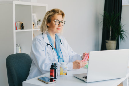 Friendly female middle aged doctor shows jar of pills and pills organizer to laptop in clinic office. Video call online, treatment remote, pharmacy, supplement advice, medical healthcare. Telemedicineの写真素材