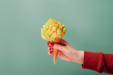 Female hand holding Waffle cone with Romanesco cabbage with dripping fruit sauce as vegetarian dessert on pastel green background. Plant based Ice cream. Creative healthy vegetarian and vegan foodの写真素材