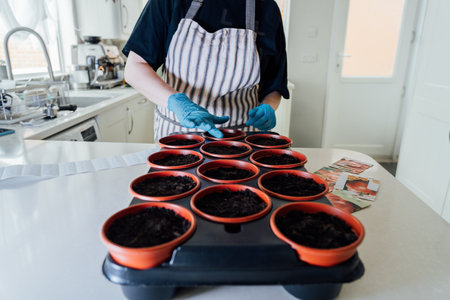 No Face woman planting seeds in pots at home kitchen. Preparing for new kitchen garden season. Sowing seeds. Urban farming lifestyle. Growing organic vegetables in green house. Soft selective focus.の写真素材